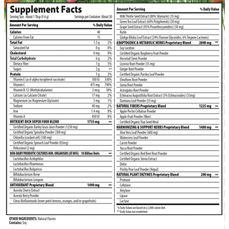 Supplement Facts label for MacroLife Naturals Macro Greens Superfood Powder