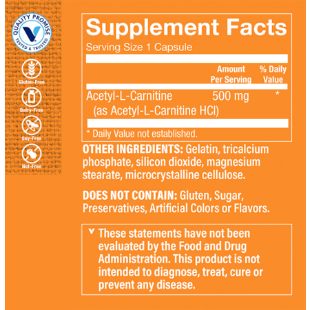 Supplement Facts label for Acetyl-L-Carnitine capsules 500 MG