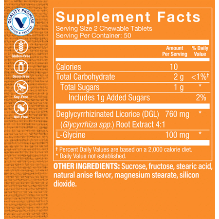 Supplement Facts label for DGL Deglycyrrhizinated Licorice 100 Chewable Tablets