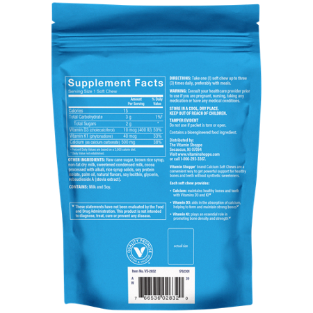 Supplement Facts label for Calcium Soft Chews Bone & Teeth Health 500 MG