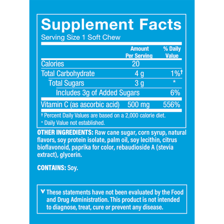 Supplement Facts label for Vitamin C 500 MG Orange Soft Chews