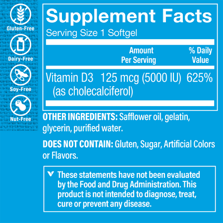 Supplement Facts label for Vitamin D3 Supplement 5000 IU