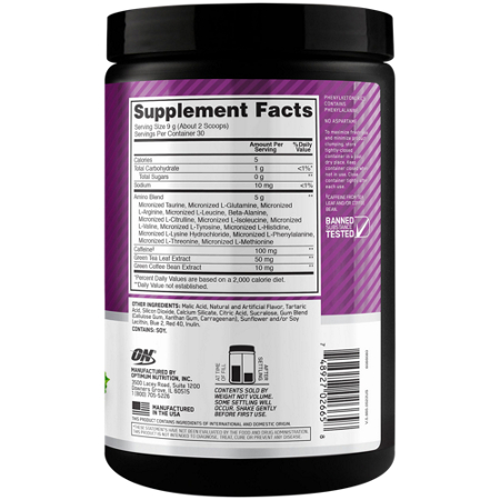 Supplement Facts label for AMIN.O. ENERGY Concord Grape