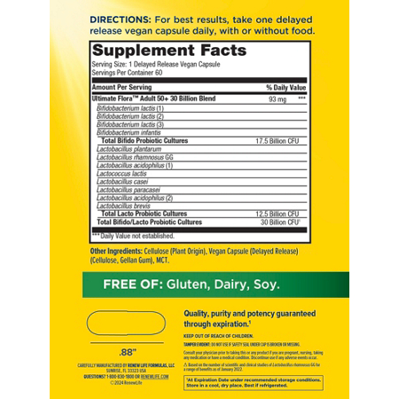 Label for Ultimate Flora Adult 50+ Probiotic, 30 Billion CFUs