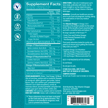 Supplement Facts label for Omega 3 6 9 Smoothie