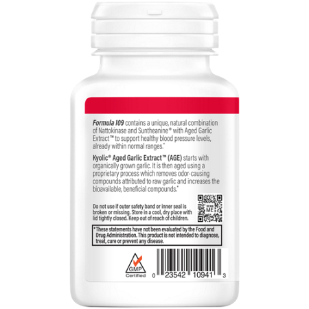 Kyolic Aged Garlic Extract Blood Pressure Formula 109 bottle back