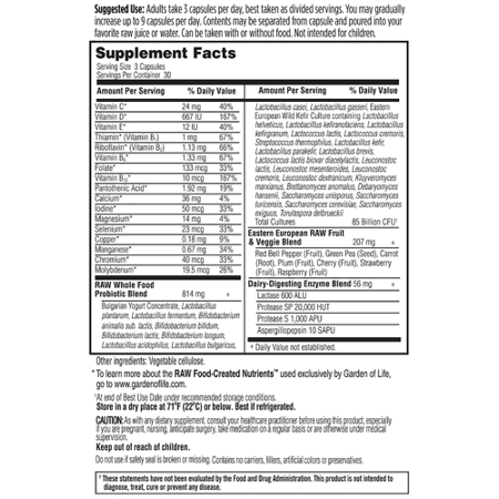 Supplement Facts label for Garden of Life Probiotics Capsules