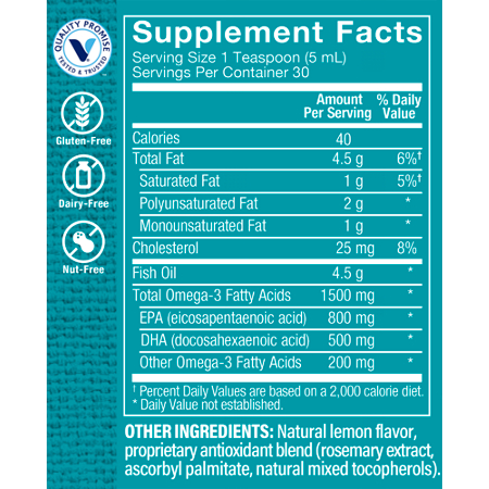 Supplement Facts label for Omega-3 Fish Oil 1500 MG