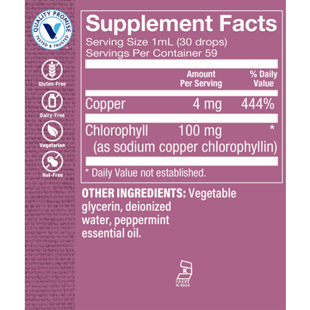 Supplement Facts label for Liquid Chlorophyll Green Superfood 100 MG