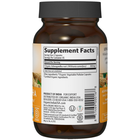 Supplement Facts label for Organic Ashwagandha supplement