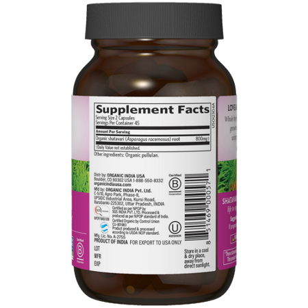 Organic India Shatavari Capsules Supplement Facts Label