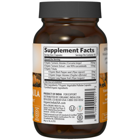 Supplement Facts label for Organic India USA Organic Turmeric Formula