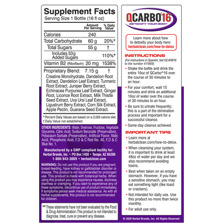 Supplement Facts label for Herbal Clean QCarbo16 with Eliminex Plus