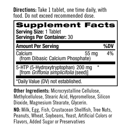 Supplement Facts label for Natrol 5-HTP Time Release Tablets 200 MG