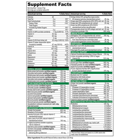 Supplement Facts label for Vibrant Health Green Vibrance Grass
