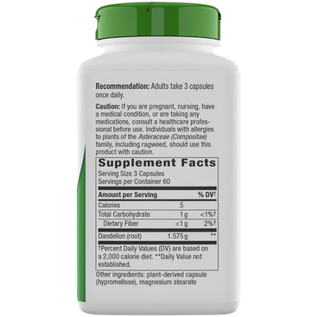 Supplement Facts label for Natures Way Dandelion Root Vegan Capsules 1575 MG