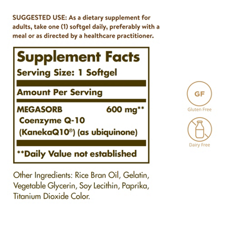 Supplement Facts label for Solgar Megasorb CoQ10 600 MG