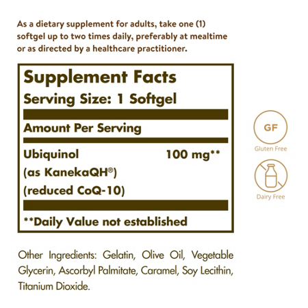 Supplement Facts label for Solgar Ubiquinol 100 MG softgels