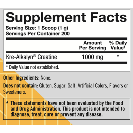 Supplement Facts label for True Athlete Kre-Alkalyn Powder Unflavored 1000 MG