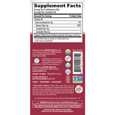Supplement label for Organic India Psyllium Fiber Powder