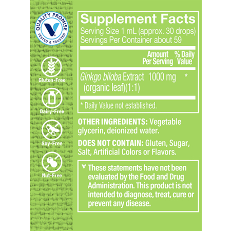 Supplement Facts label for Alcohol-Free Ginkgo Biloba Extract 1000 MG