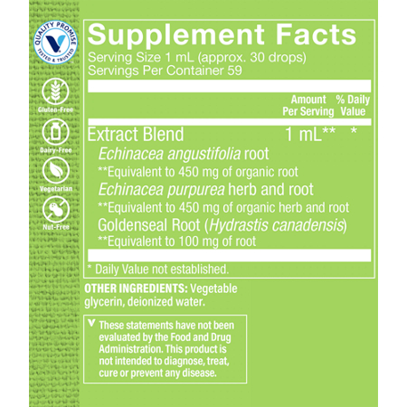 Supplement Facts label for Echinacea Goldenseal Extract Drops