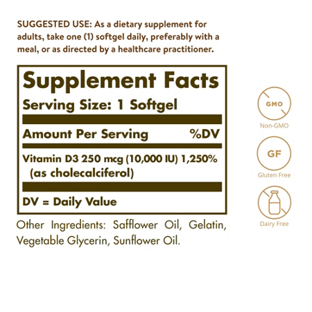 Supplement Facts label for Solgar Vitamin D3 10000 IU