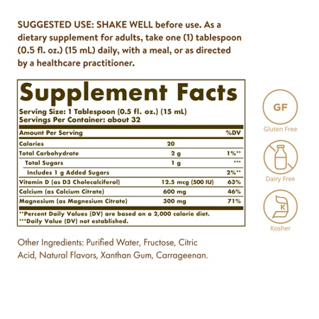 Solgar Liquid Calcium Magnesium Citrate Supplement Label