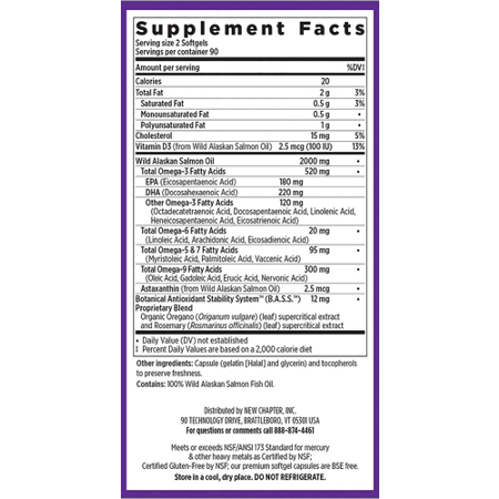 Supplement Facts label for New Chapter Wholemega Wild Alaskan Fish Oil 1000 MG