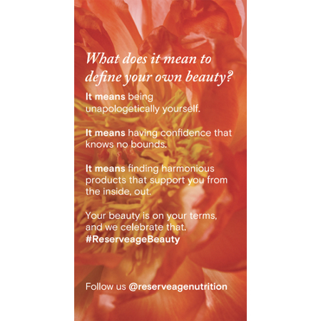 Inspirational text on floral backdrop with Reserveage handle.