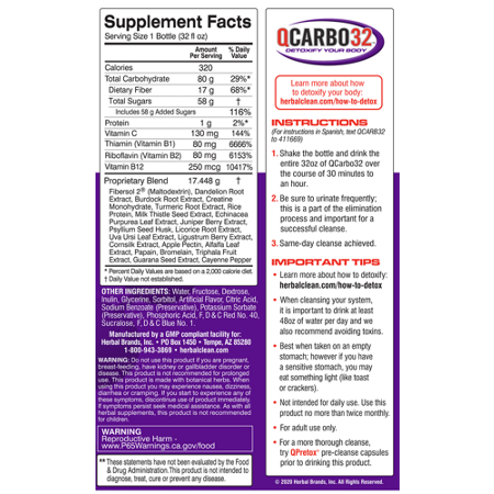 Supplement Facts label for Herbal Clean QCarbo32 Grape 32 Fluid Ounces