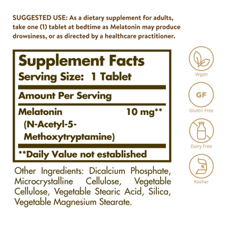Supplement Facts label for Solgar Melatonin 10 MG