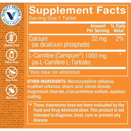 Supplement Facts label for Carnipure L-Carnitine 1000 MG