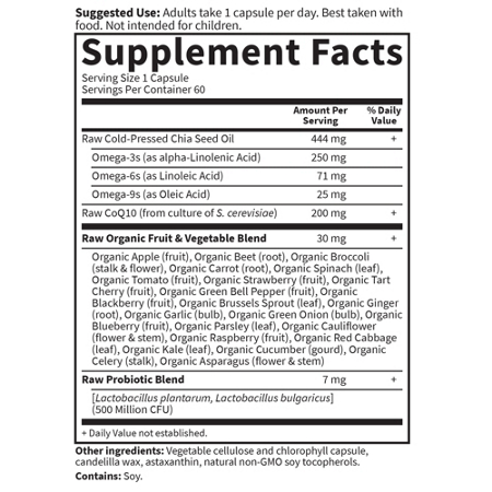Supplement Facts label for Garden of Life Raw CoQ10 Vegetarian Capsules 200 MG