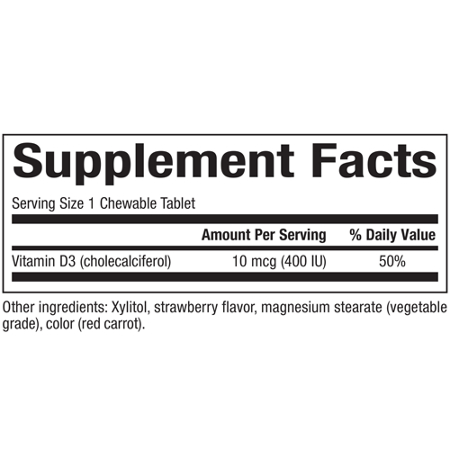 Supplement Facts label for Natural Factors Childrens Vitamin D3 tablets 400 IU
