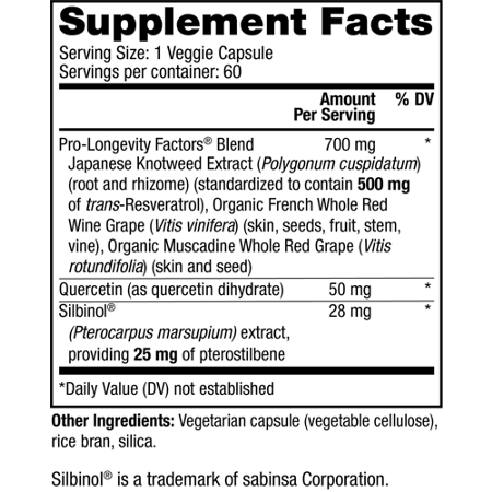 Reserveage Resveratrol 500 MG Supplement Facts Label