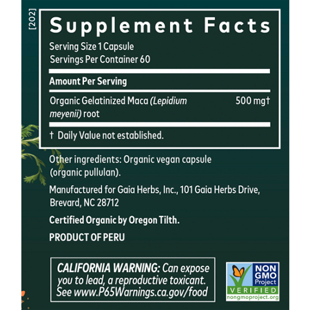 Supplement Facts label for Gaia Herbs Maca Root 500 MG