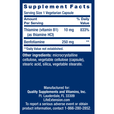Supplement Facts for Mega Benfotiamine 250 MG Capsules