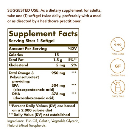 Supplement Facts label for Solgar Triple Strength Omega-3 Softgels 950 MG