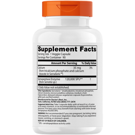 Supplement Facts label for Serrapeptase 120000 SPU capsules