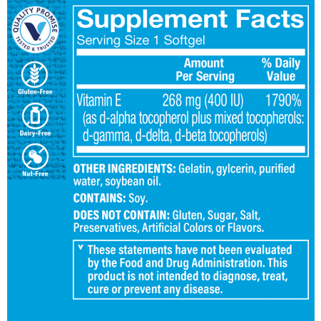 Supplement Facts label for Vitamin E 400 IU