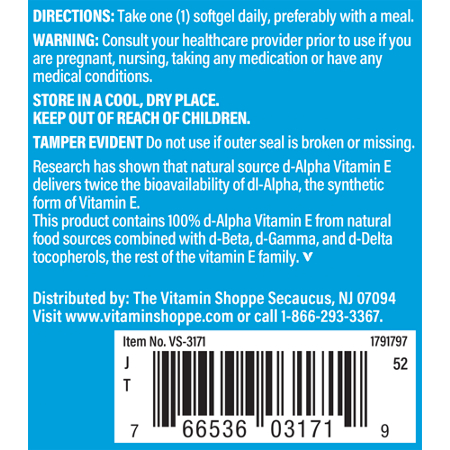 Directions for The Vitamin Shoppe Vitamin E 400 IU