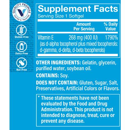 Supplement Facts label for Vitamin E 240 softgels 400 IU