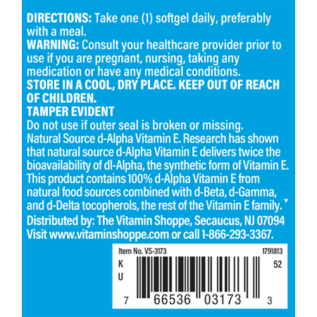 Directions for The Vitamin Shoppe Vitamin E 1000 IU Softgels