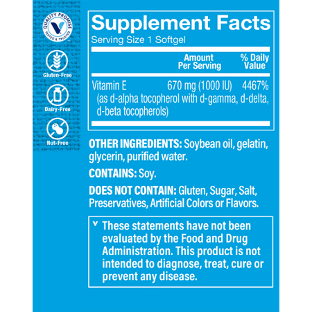 Supplement Facts label for Vitamin E 1000 IU softgels
