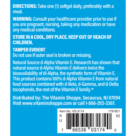 Directions for The Vitamin Shoppe Vitamin E 1000 IU Softgels