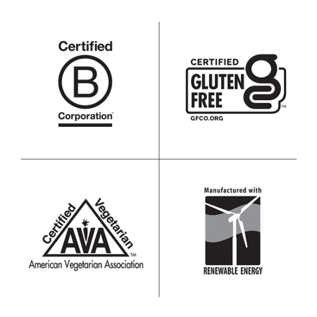 B Corp, Gluten Free, Vegetarian, Renewable Energy logos