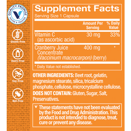 Supplement Facts label for Cranberry Plus Urinary Tract Health for Women 400 MG