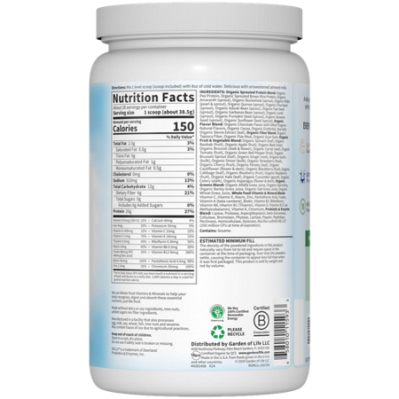 Supplement Facts label for Garden of Life Raw Meal Chocolate Cacao