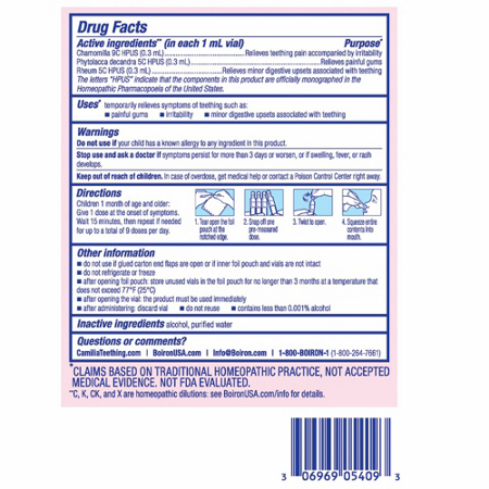 Drug Facts label for Boiron Camilia Teething Relief